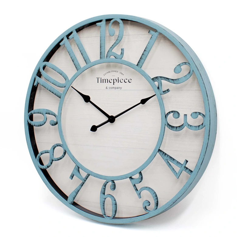 Shabby chic wandklok metaal-hout look in vintage blauw Ø50cm 
