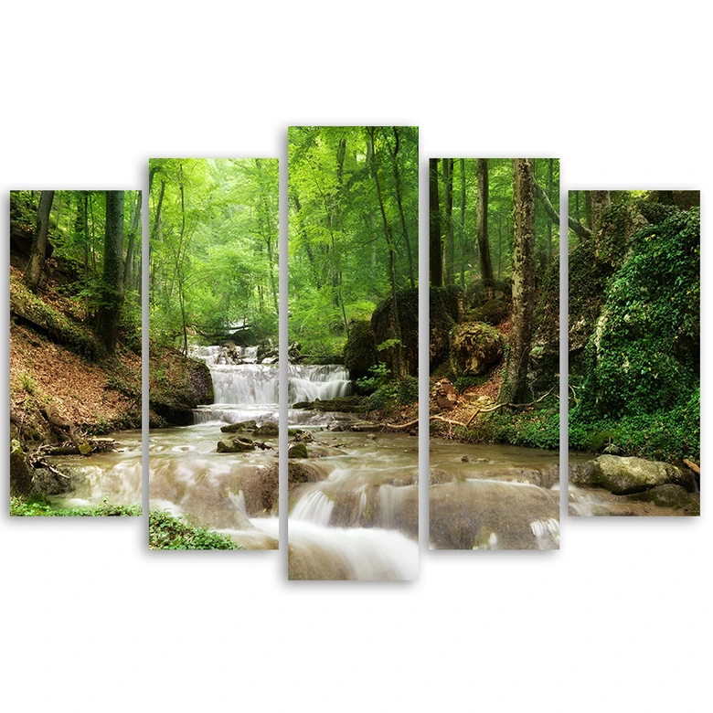 Leinwandbild 5 teilig, Wasserfall Wald Bach Natur 