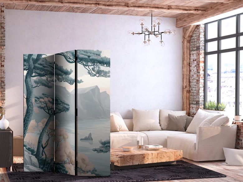 Paravent, Raumteiler freistehend, Trennwand - Mountainous Coast: Pastel Blues 