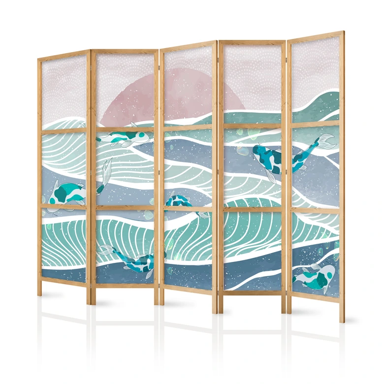 Japanischer Paravent, Raumteiler freistehend, Trennwand - Koi Fish Among Waves 