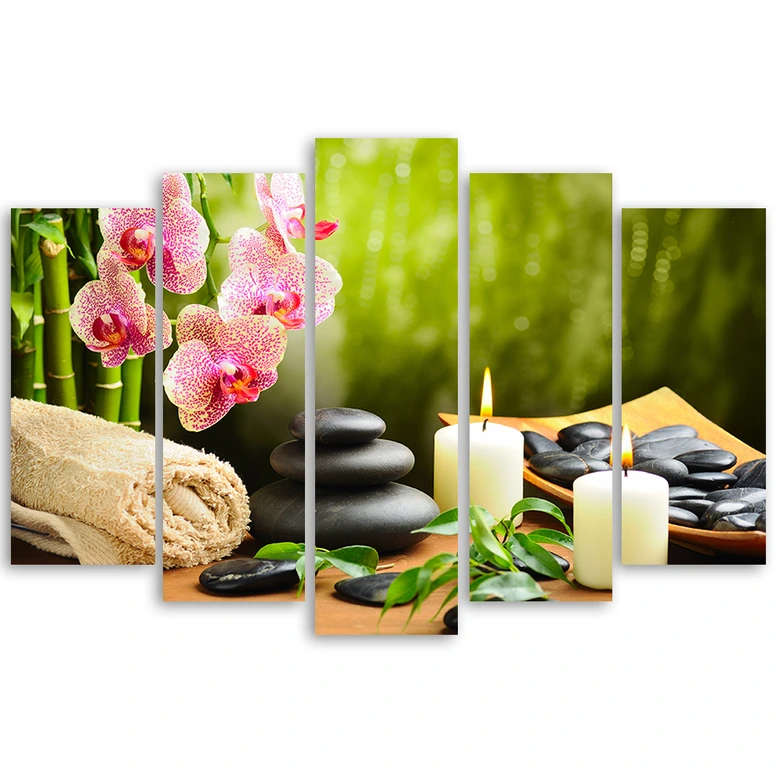 Leinwandbild 5 teilig, Zen Spa Steine Blumen 