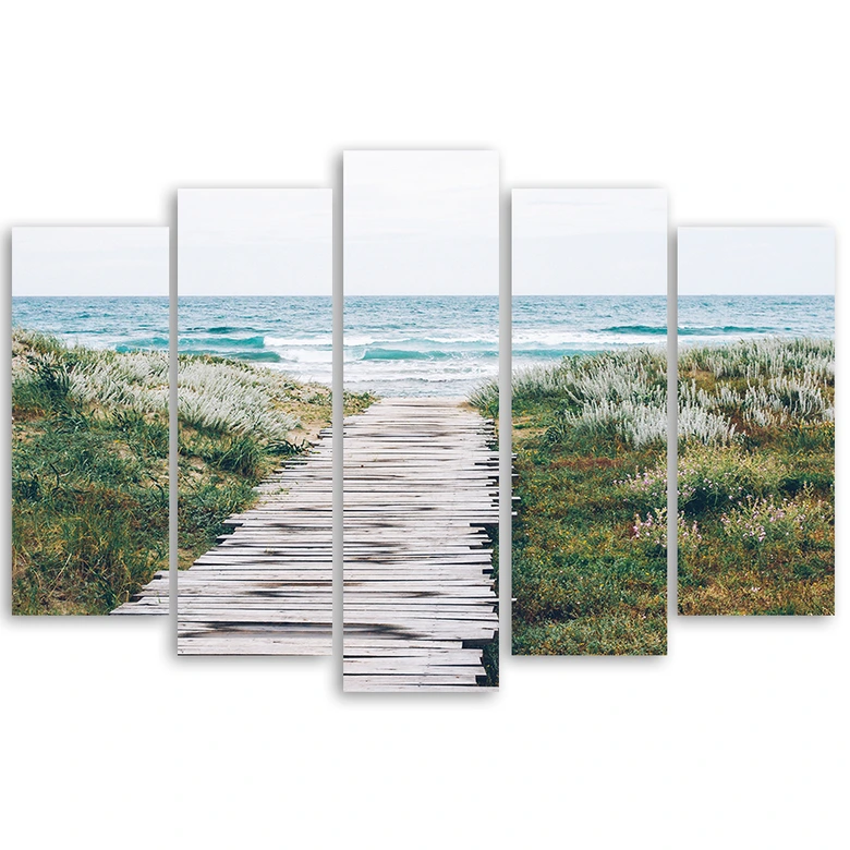 5 stykke lærredstryk, strand havstilandskab 