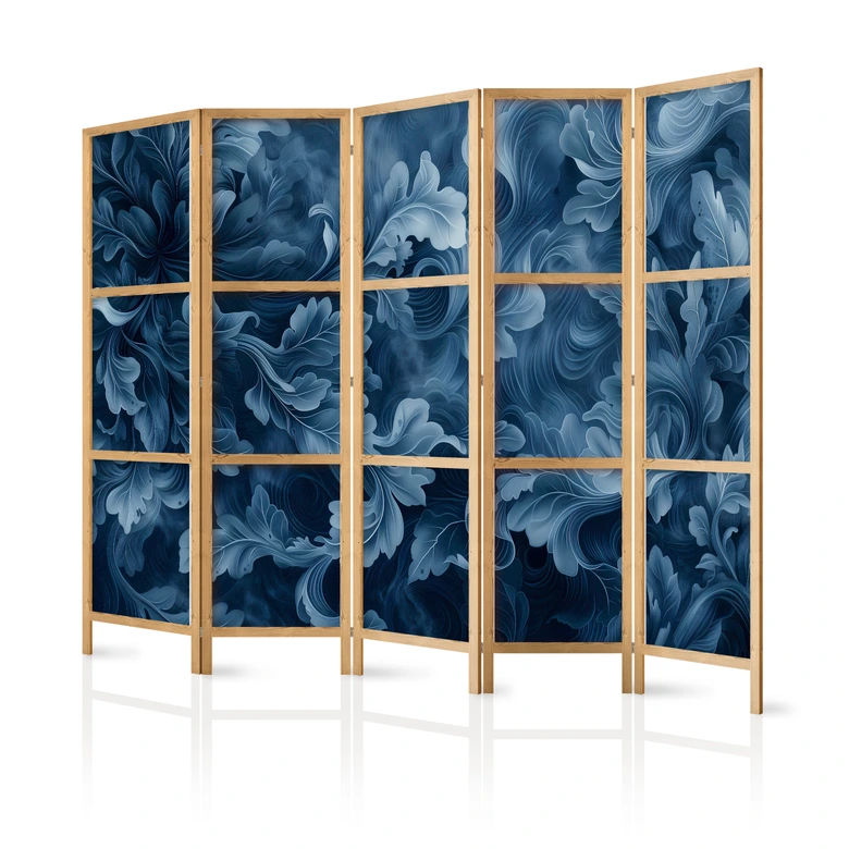 Japanischer Paravent, Raumteiler freistehend, Trennwand - Abstract Ornaments - Dark Blue Victorian Leaves 
