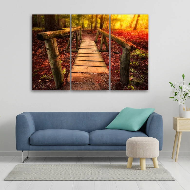 Leinwandbild 3-teilig, Herbst Wald Blätter Steg 