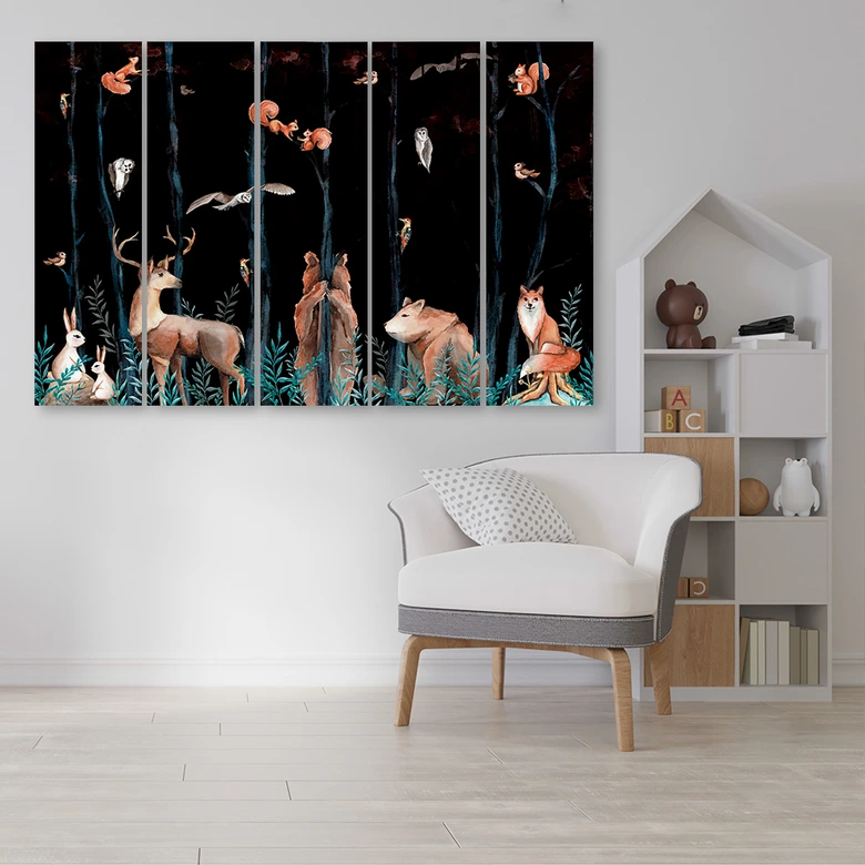 Leinwandbild 5 teilig, Waldtiere Hirschbär Fuchs 