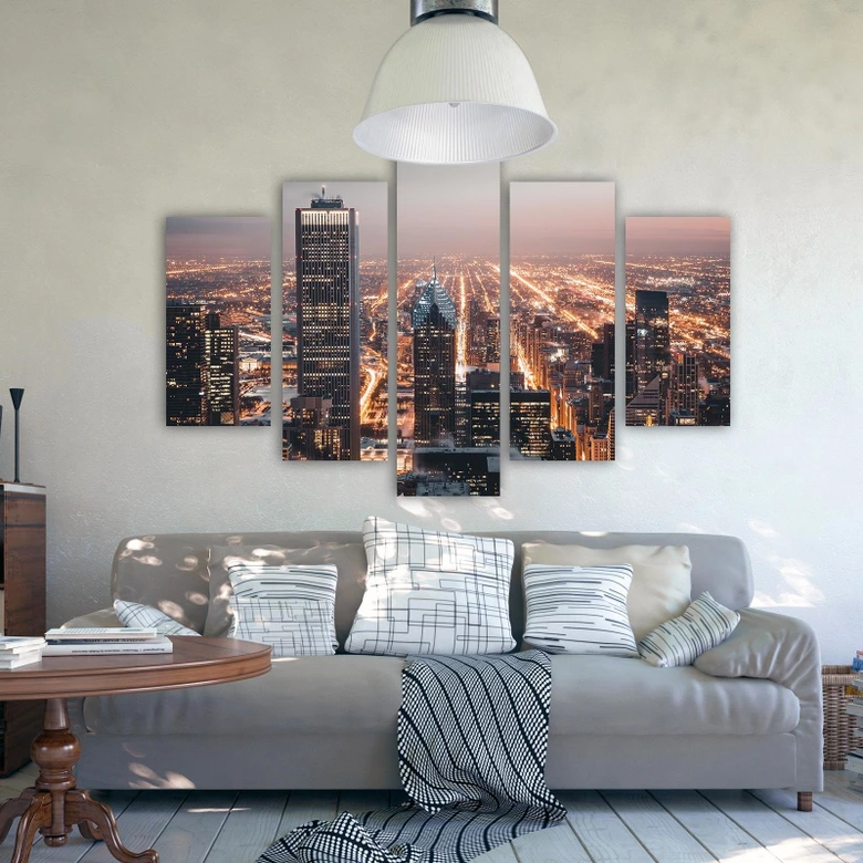 5-delige canvasprint, Wolkenkrabber Stadsnacht 