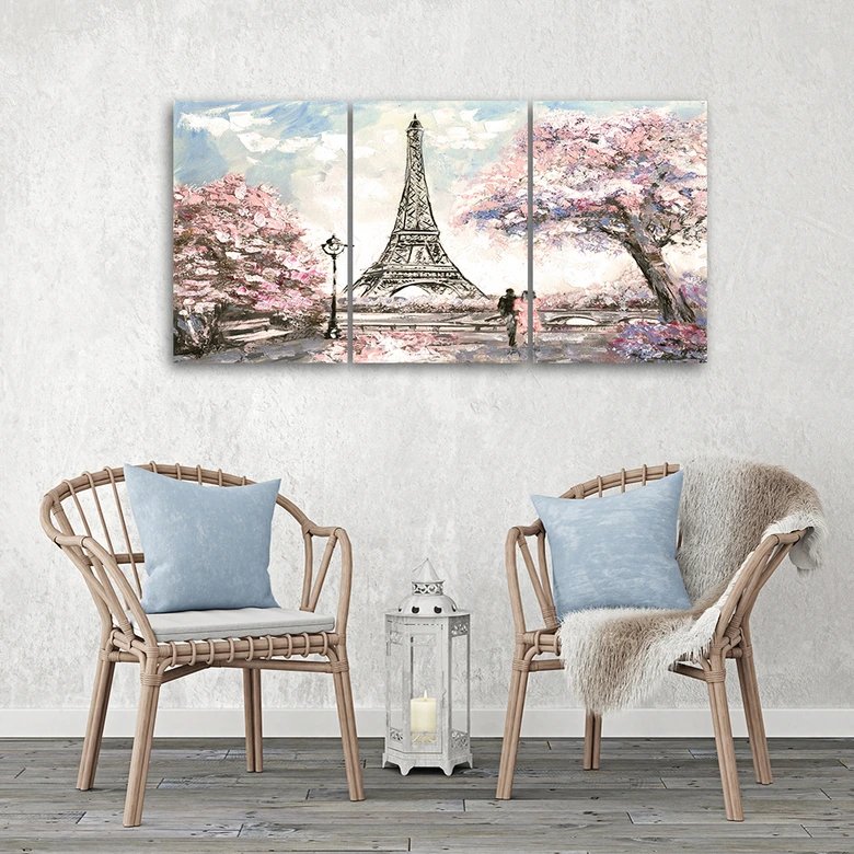 Leinwandbild 3-teilig, Eiffelturm Pastellfarben Rosa 