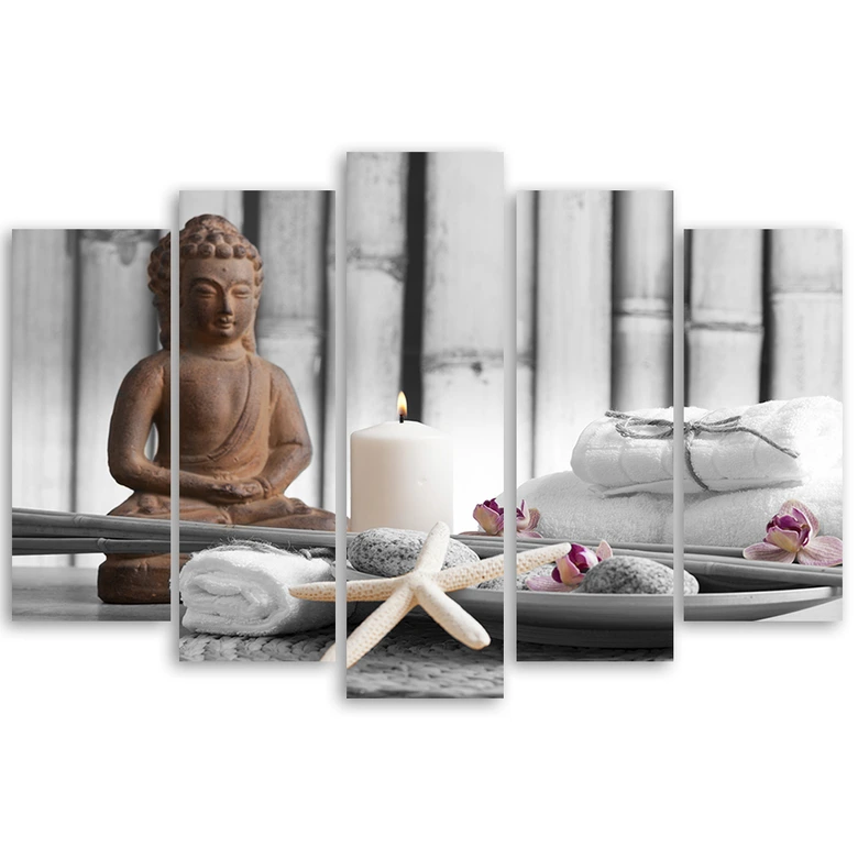 Leinwandbild 5 teilig, Buddha Zen Spa Braun 