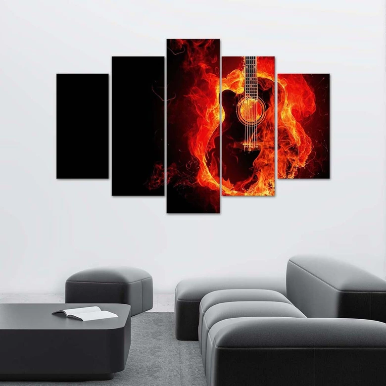 Leinwandbild 5 teilig, Gitarre Musik Feuer 