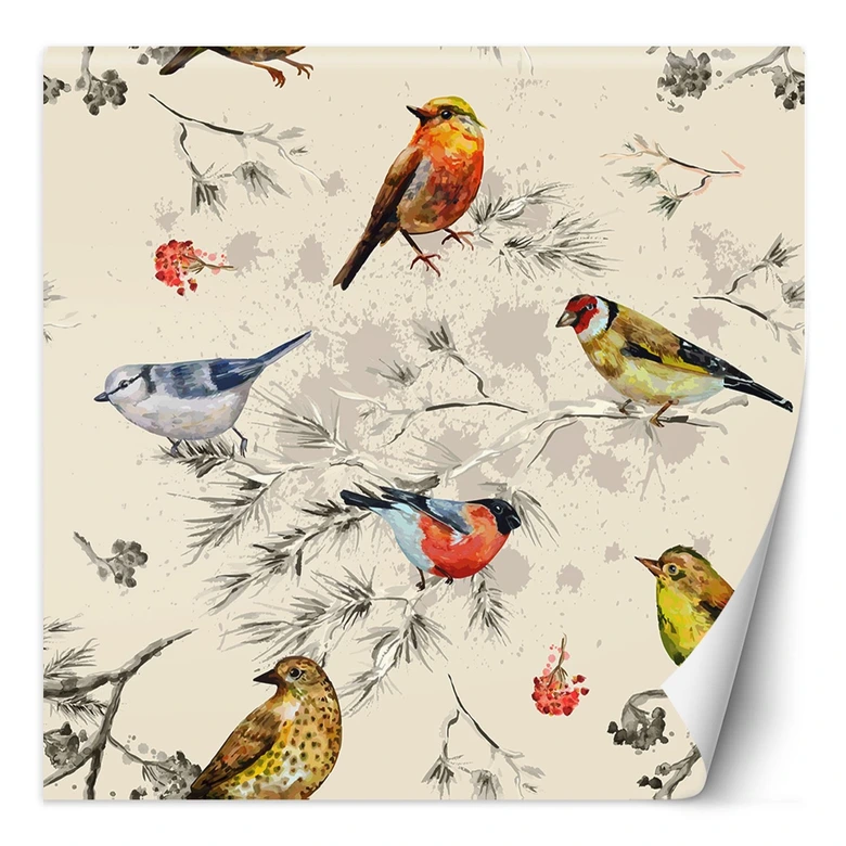Fototapete, Bunte Vögel mit Aquarellfarben gemalt 