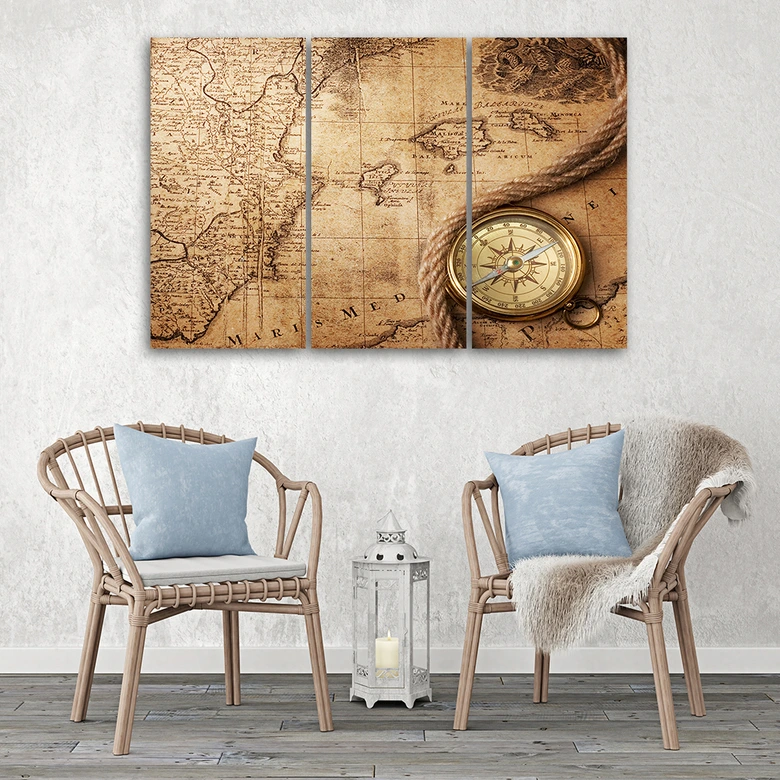 Leinwandbild 3-teilig, Weltkarte Retro Braun 