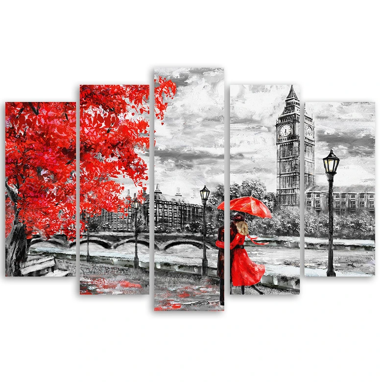 Leinwandbild 5 teilig, Londoner roter Regenschirm 