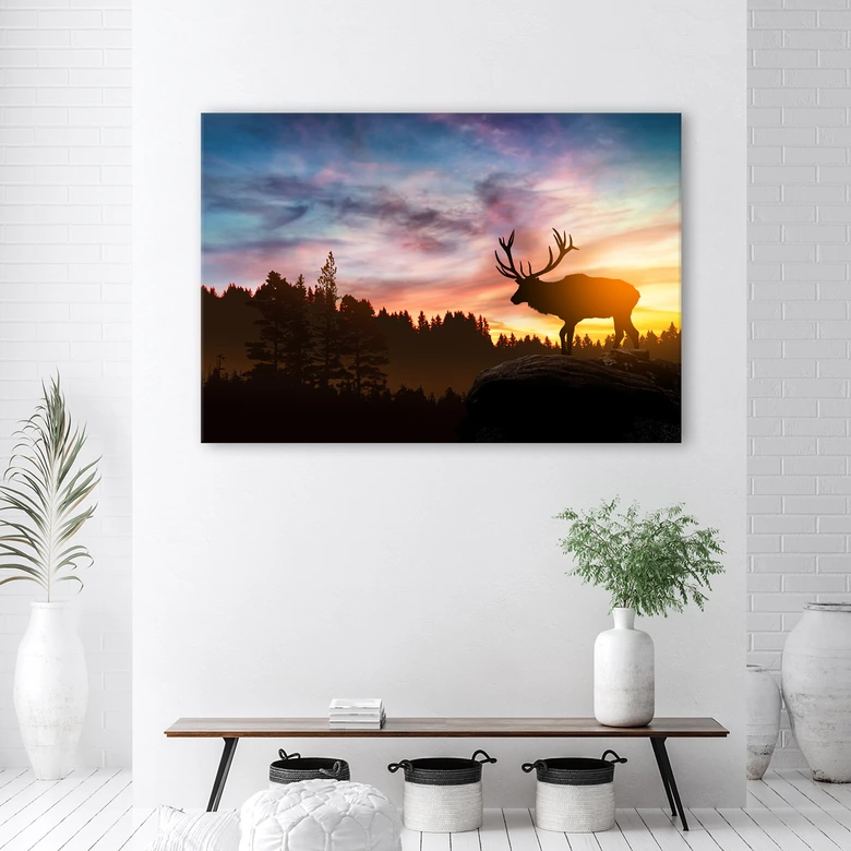 Canvas schilderij, hert bij zonsondergang 