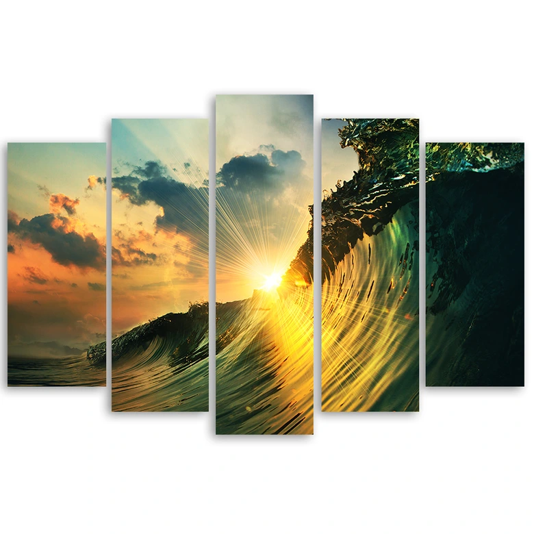 Leinwandbild 5 teilig, Wellen Meer Himmel Sonnenuntergang 