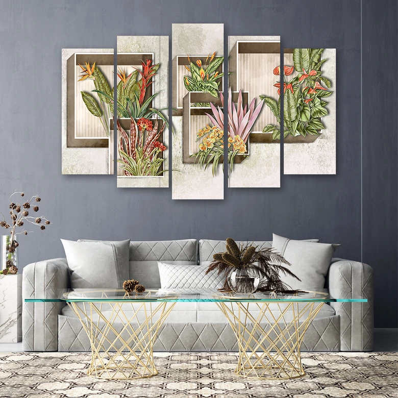 Leinwandbild 5 teilig, Quadratkisten Regale mit Blumen 