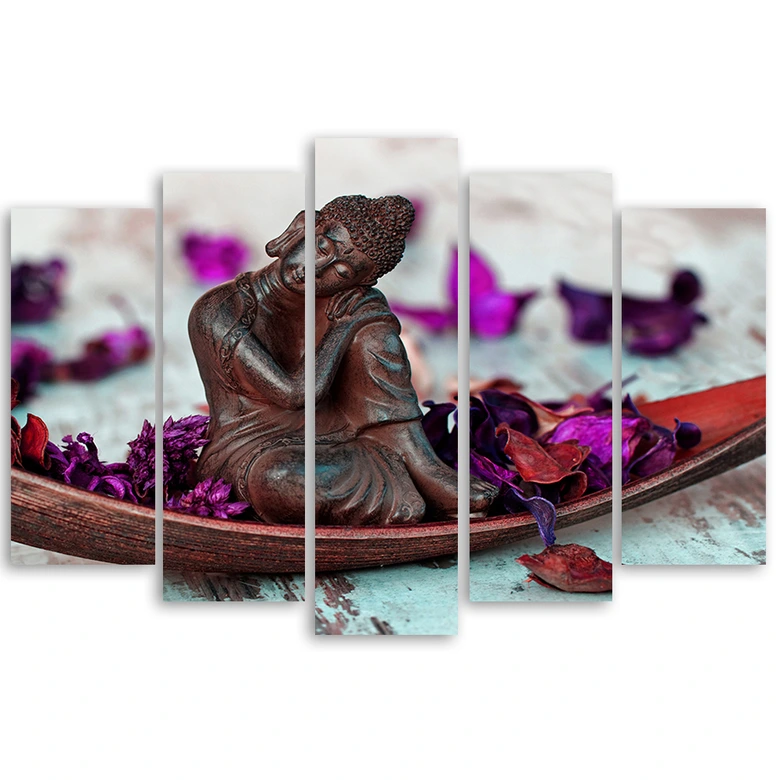 Leinwandbild 5 teilig, Buddha Blumen Zen Lila 