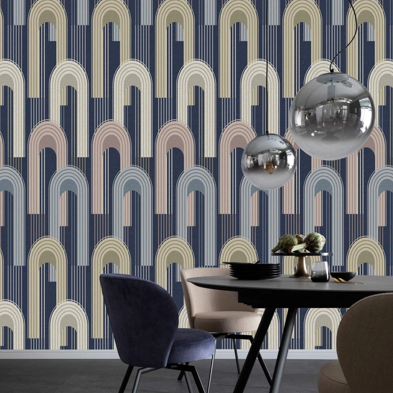 Vliestapete mit Rundbogen Motiv in blau, beige Grafisch 