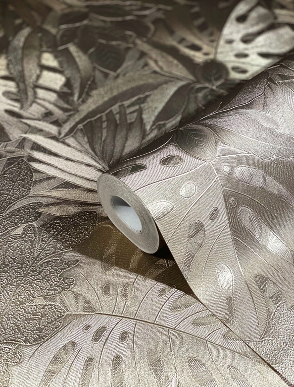 Vliestapete mit glänzenden Blättern grau/gold metallic Floral 