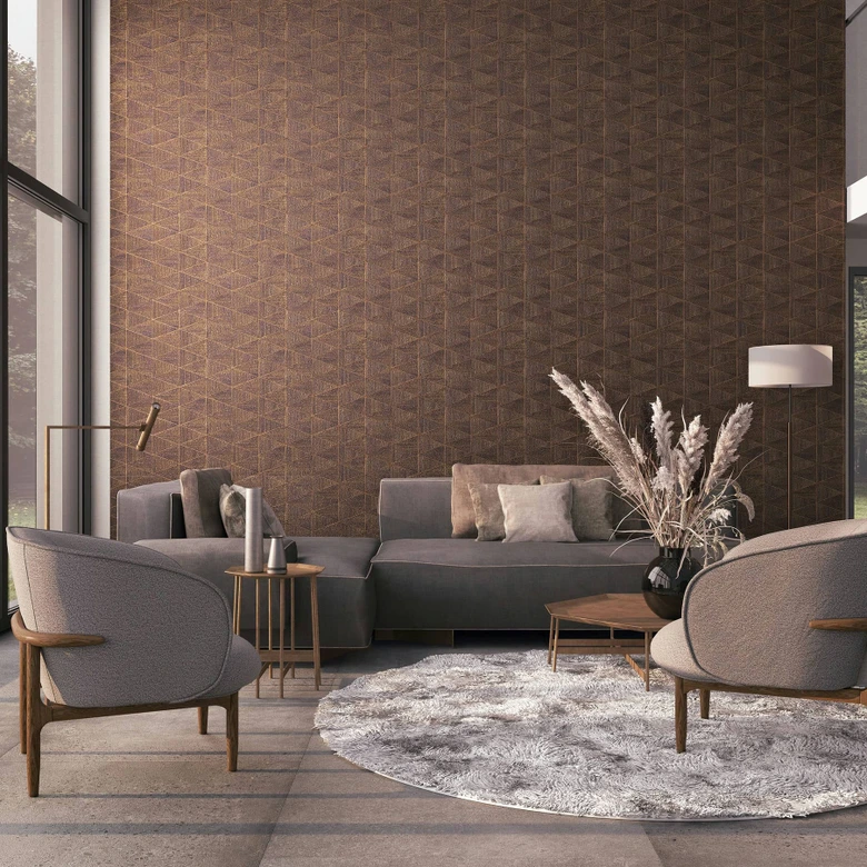 Vliesbehang met geometrisch patroon, driehoeken bruin grafisch 