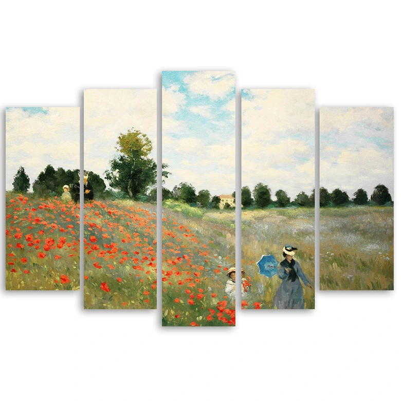 Wandbild 5-teilig, Mohnblumenfeld Claude Monet 