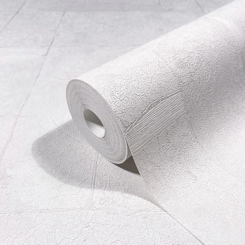 Papel pintado no tejido con aspecto de escayola en gráfico blanco azulejo 