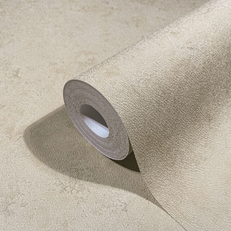 Papel pintado no tejido con textura beige de aspecto escayolado moderno 