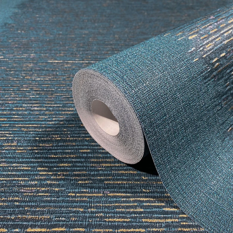 Papier peint intissé à rayures et lignes fines bleu, turquoise structure 