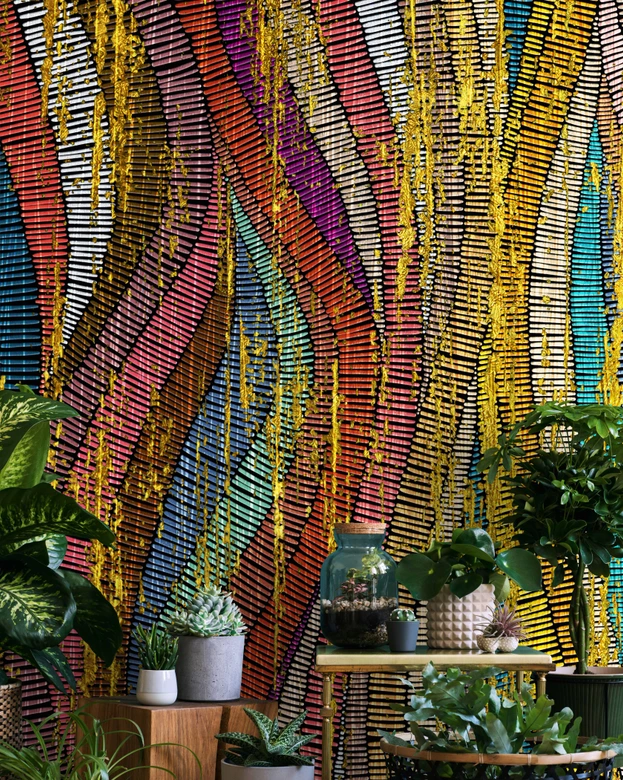 Fotomural con motivo Rayas onduladas de colores con estructura dorada en estilo pop 2,70 x 2,72m 