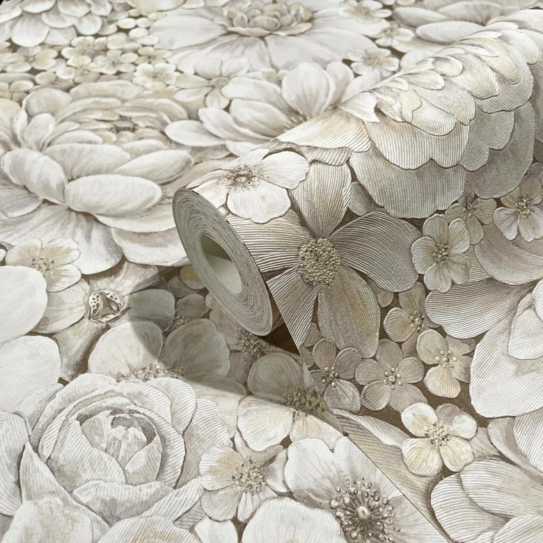 Vliestapete mit stark strukturiertem Blattmotiv greige Floral 