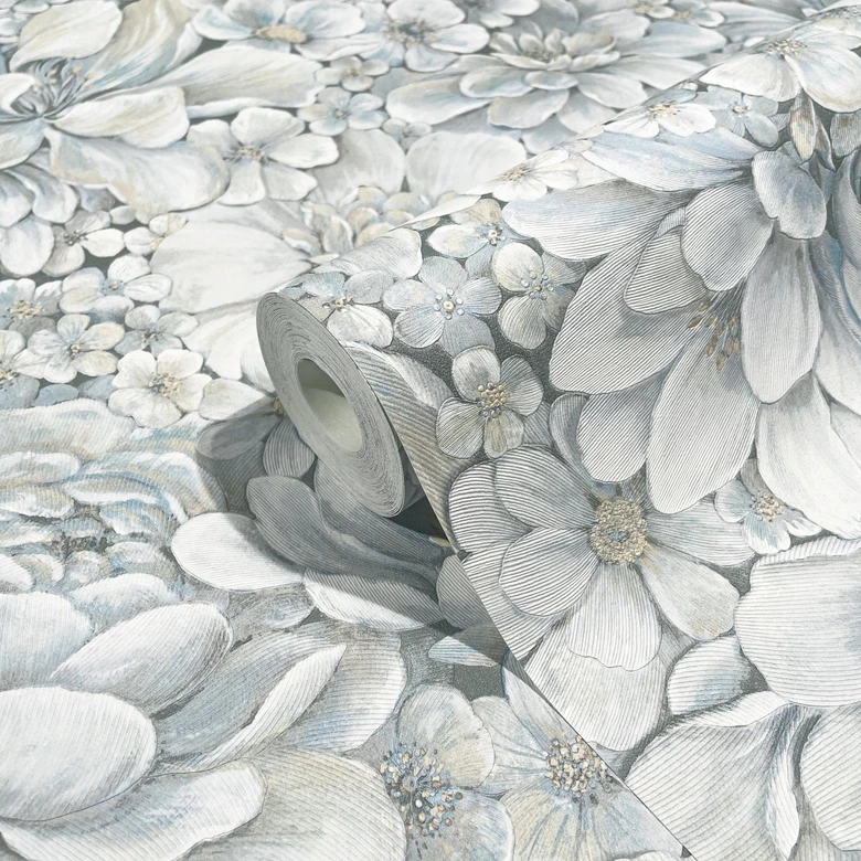 Vliestapete mit stark strukturiertem Blattmotiv blau Floral 