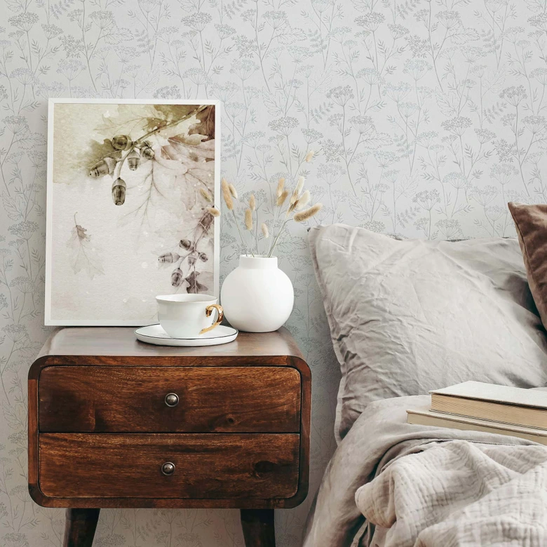 Papel pintado no tejido flores, hojas naturaleza floral en gris 