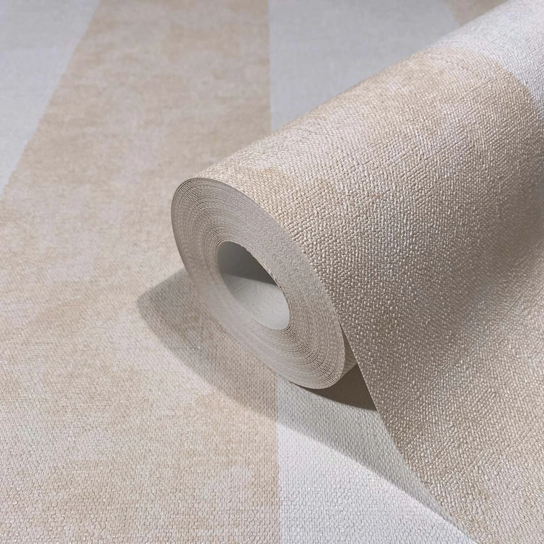 Vliestapete mit Blockstreifen weiß, beige Struktur 