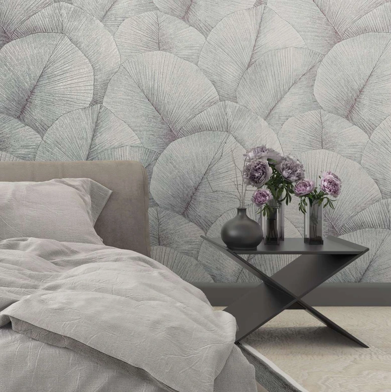 Vliestapete mit großem Blattmotiv grau, blau Floral 