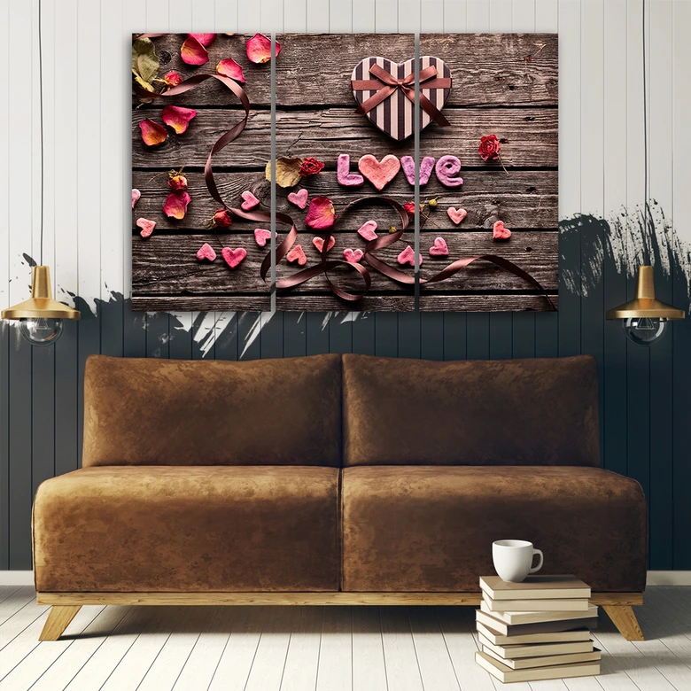 Tableau sur Toile en 3 parties Coeur Amour Fleurs Vintage 