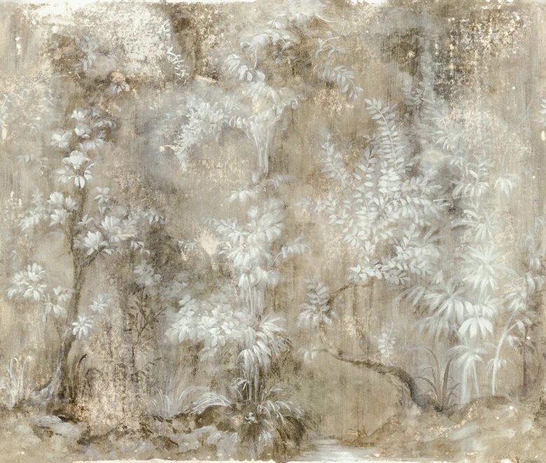 Fototapete in gezeichneter Wald beige, weiß, grün Floral 