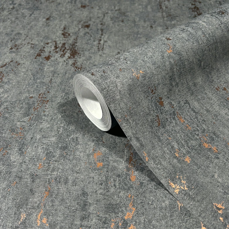 Papel pintado no tejido con aspecto de hormigón antracita de brillo resplandeciente 