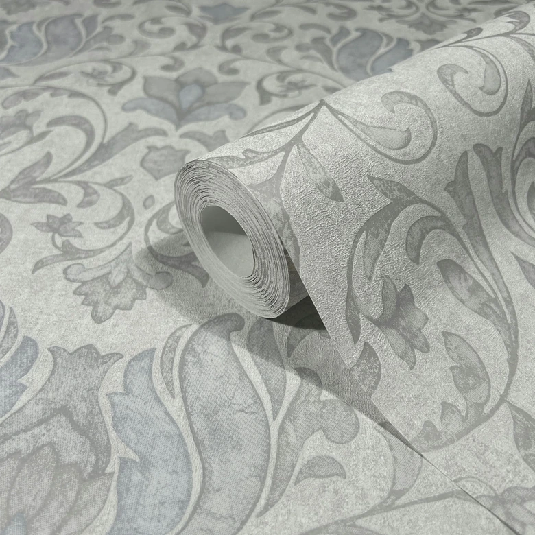 Vliestapete mit Blumen, Blätter ornamental glänzend grau, beige Floral 