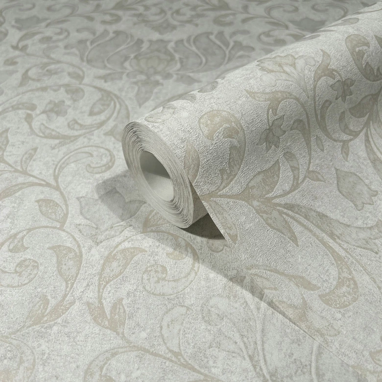 Vliestapete mit Blumen, Blätter ornamental glänzend weiß, grau Floral 