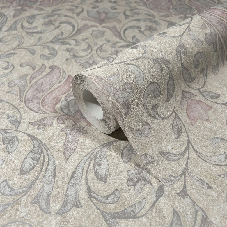 Vliestapete mit Blumen, Blätter ornamental glänzend beige, grau Floral 