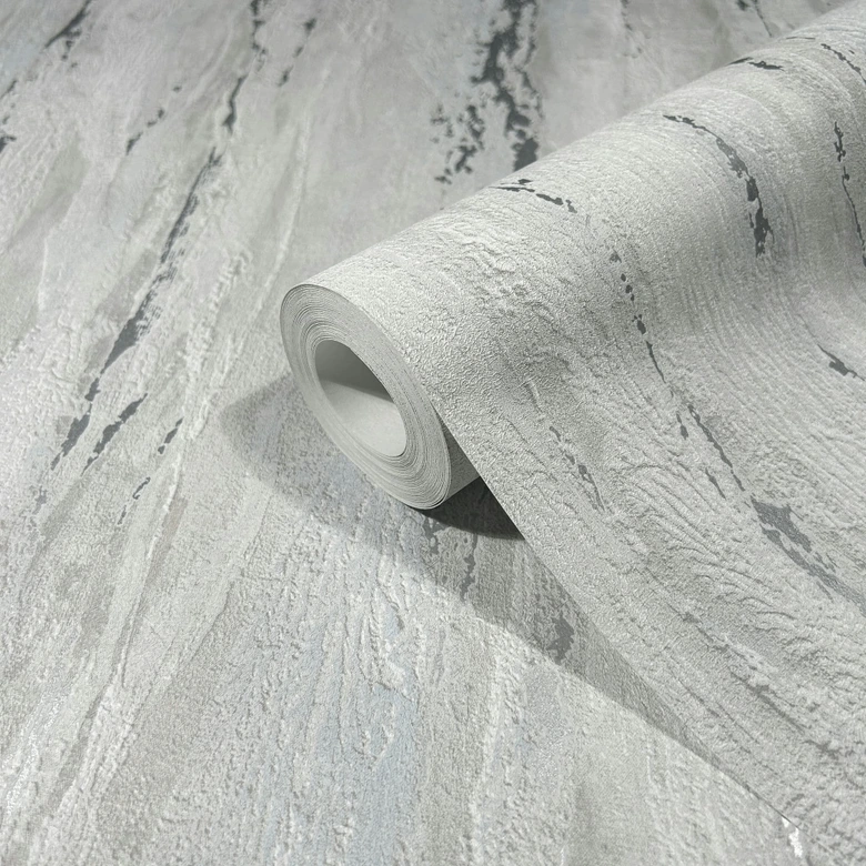 Papel pintado no tejido con aspecto de yeso gris brillante y de textura gruesa 