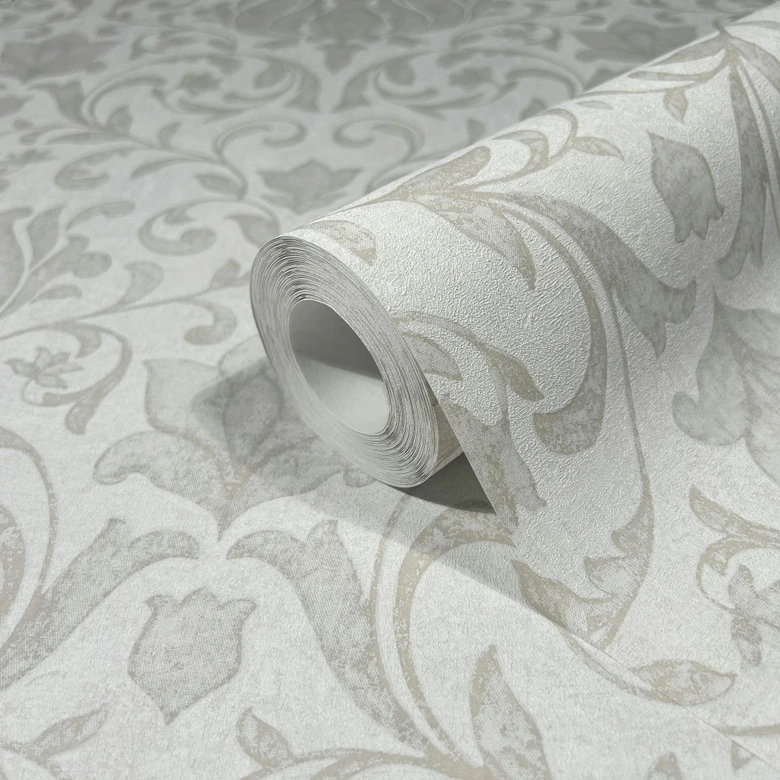 Vliestapete mit Blumen, Blätter ornamental glänzend weiß Floral 