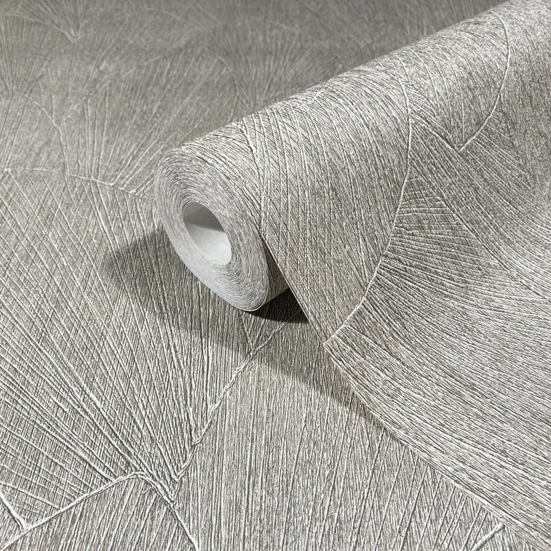 Papier peint intissé avec motif à feuilles structuré gris Floral 