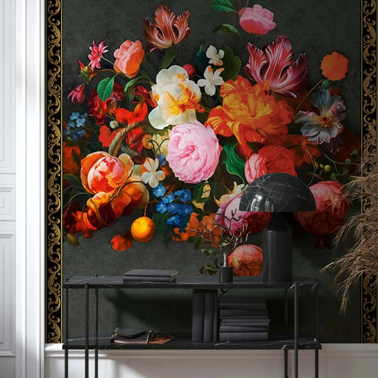 Fototapete Blumenmotiv Floral Klassisch, Romantisch matt in Schwarz 2,70 x 1,59m 