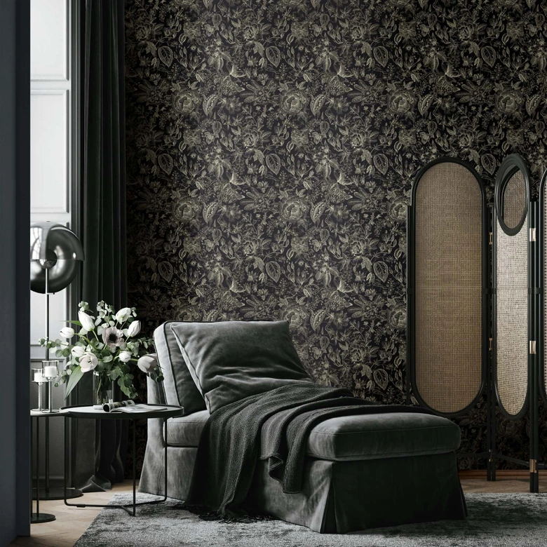 Non-woven wallpaper flowers, leaves floral nature matt in black  