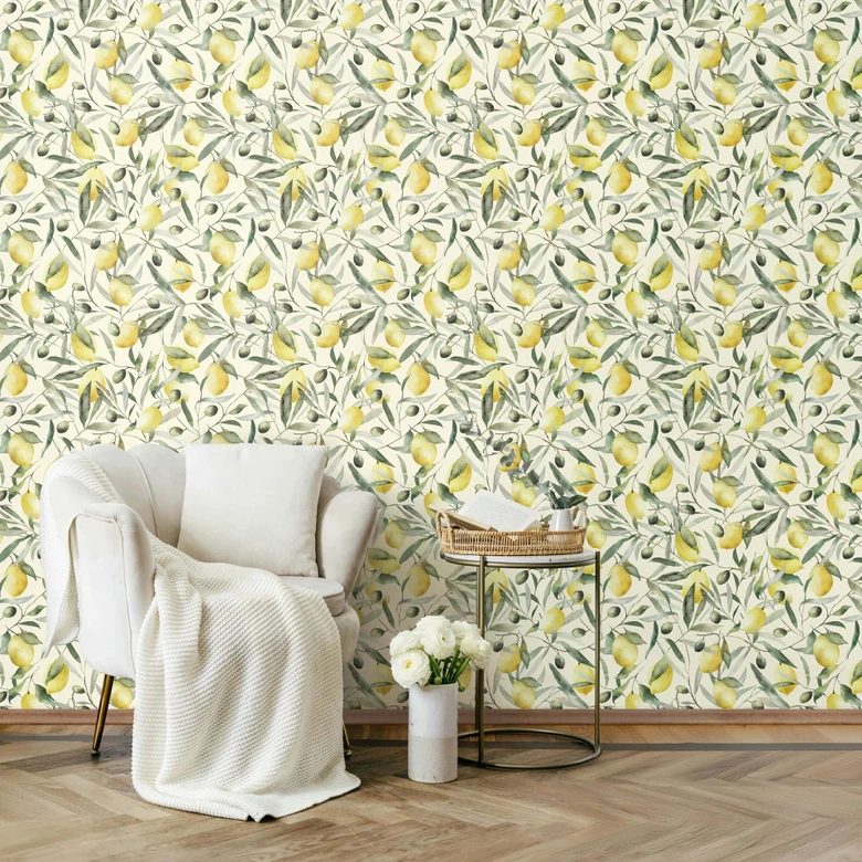 Vliestapete Zitronen, Blätter Floral Natur matt in Beige  