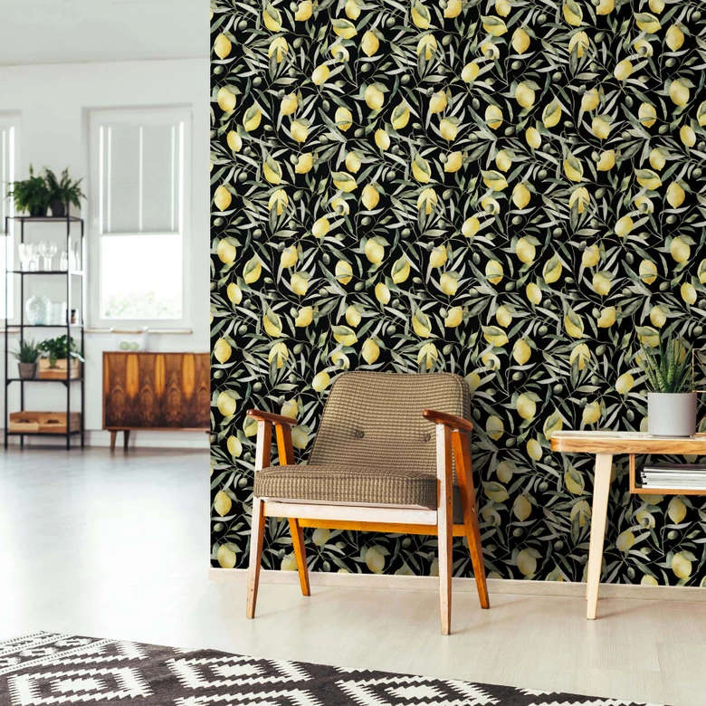 Vliestapete Zitronen, Blätter Floral Natur matt in Schwarz  