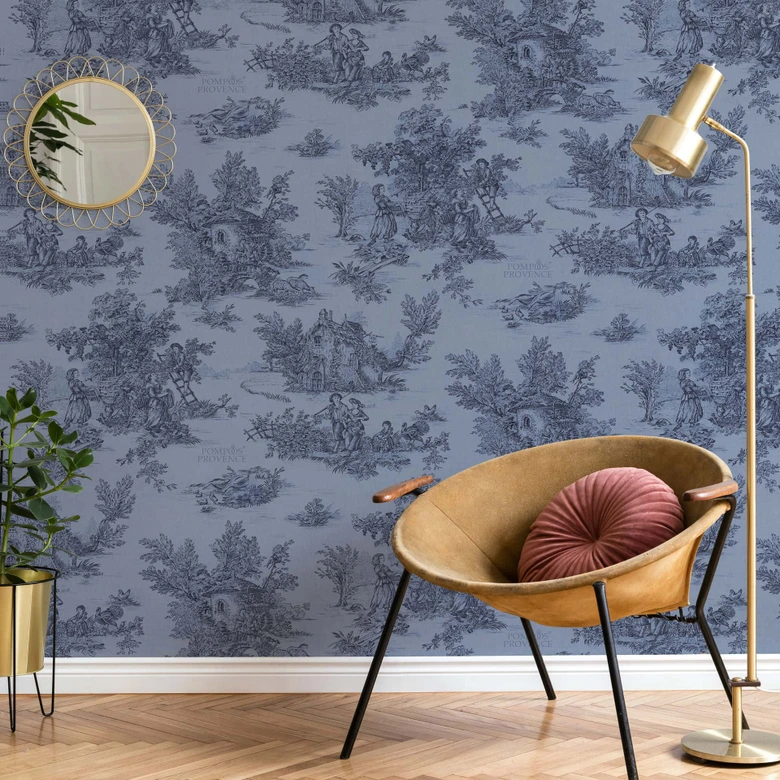 Papier peint intissé paysage, personnes graphique classique mat dans bleu  