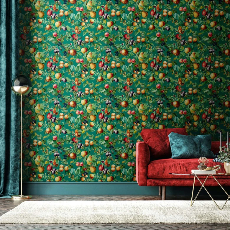 Papel pintado no tejido frutas, hojas naturaleza floral mate en verde  