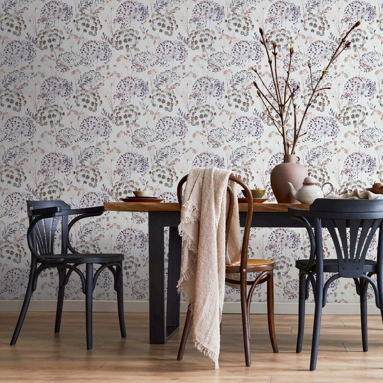 Non-woven wallpaper flowers, leaves floral nature matt in gray  