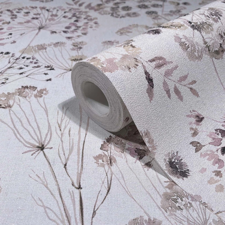 Non-woven wallpaper flowers, leaves floral nature matt in gray  